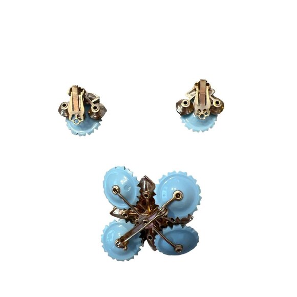 VTG Mid Century Blue Plastic Flowers & Blue Rhinestones Brooch & ClipOn Earrings - Picture 3 of 4